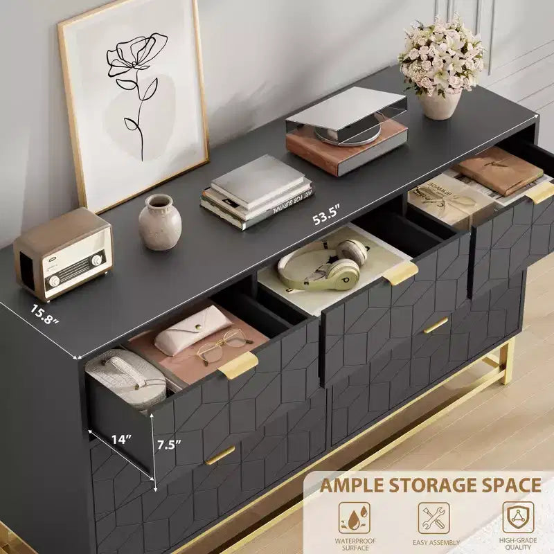 Cassettiera per Camera da Letto, 7 Cassetti con Maniglie e Gambe in Metallo Dorato, Comò Moderno per Armadio
