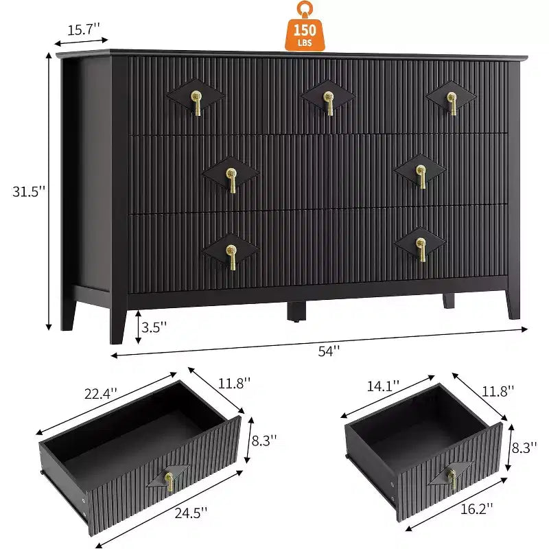 Comò per camera da letto con 7 cassetti, comò moderno largo 137 cm con maniglie in metallo, porta TV, cassettiera in legno per camera da letto