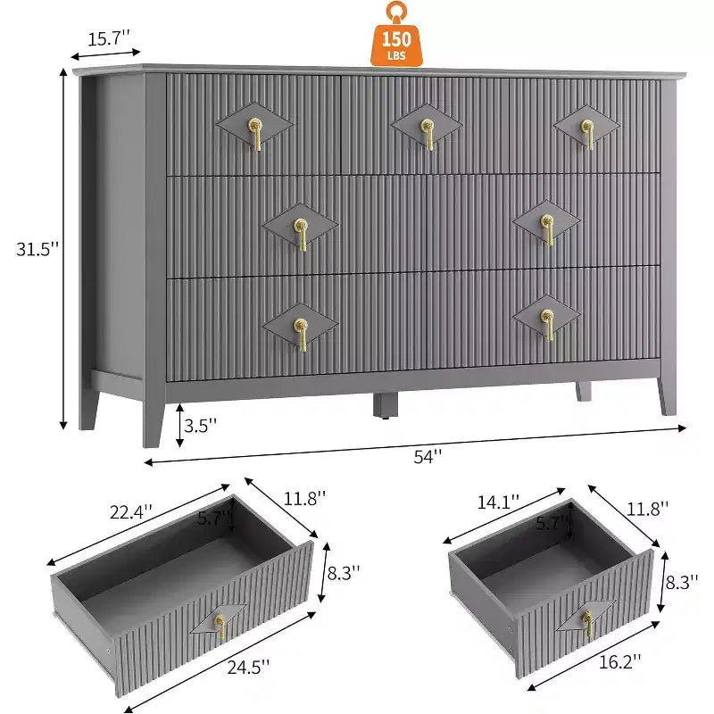 Comò per camera da letto con 7 cassetti, comò moderno largo 137 cm con maniglie in metallo, porta TV, cassettiera in legno per camera da letto