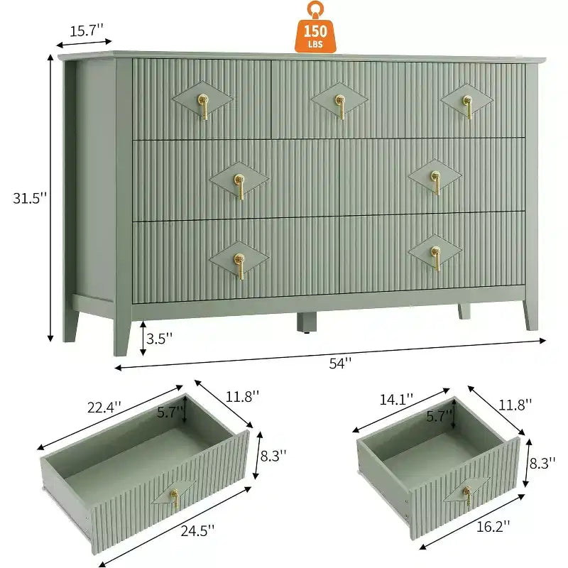Comò per camera da letto con 7 cassetti, comò moderno largo 137 cm con maniglie in metallo, porta TV, cassettiera in legno per camera da letto