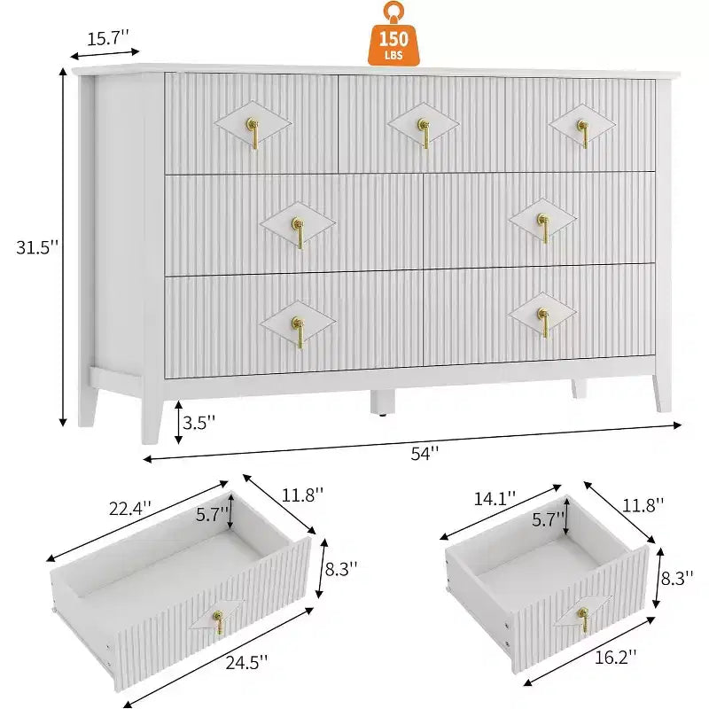 Comò per camera da letto con 7 cassetti, comò moderno largo 137 cm con maniglie in metallo, porta TV, cassettiera in legno per camera da letto