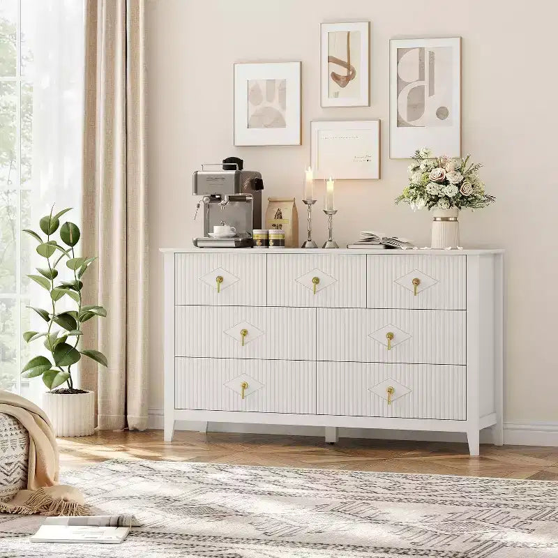 Comò per camera da letto con 7 cassetti, comò moderno largo 137 cm con maniglie in metallo, porta TV, cassettiera in legno per camera da letto