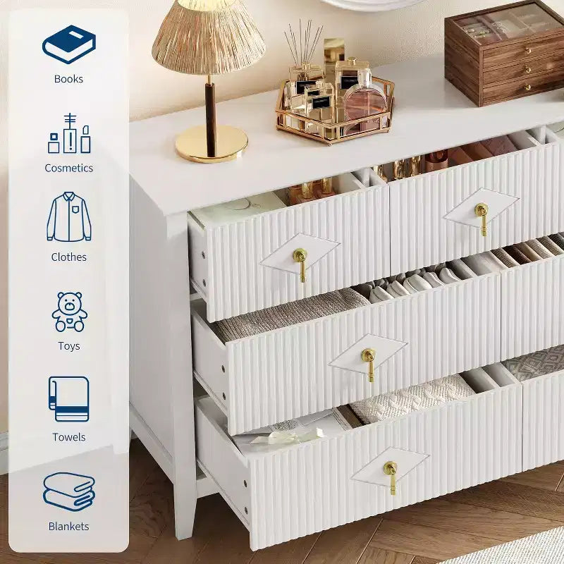 Comò per camera da letto con 7 cassetti, comò moderno largo 137 cm con maniglie in metallo, porta TV, cassettiera in legno per camera da letto