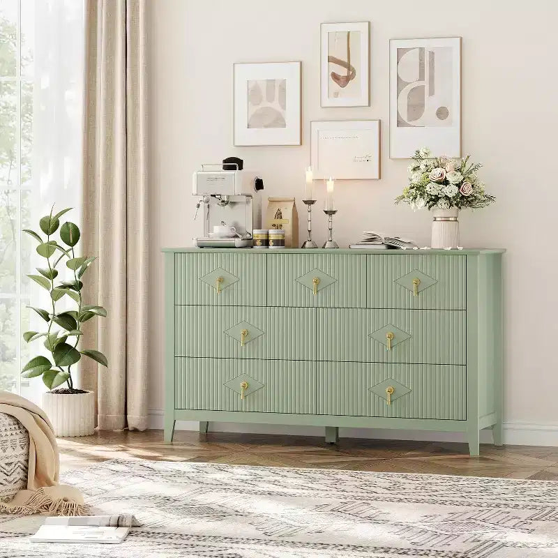Comò per camera da letto con 7 cassetti, comò moderno largo 137 cm con maniglie in metallo, porta TV, cassettiera in legno per camera da letto