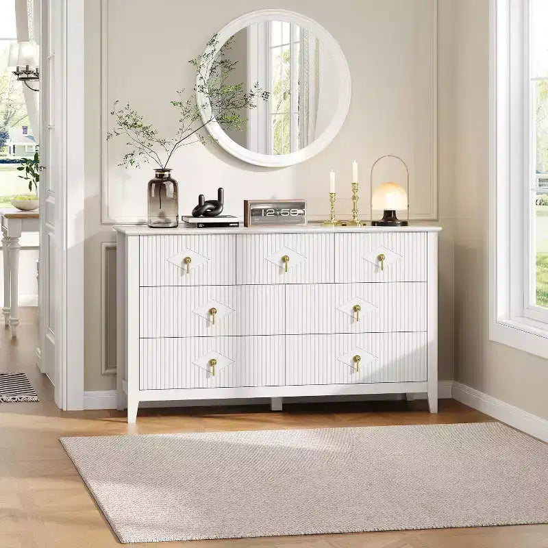 Comò per camera da letto con 7 cassetti, comò moderno largo 137 cm con maniglie in metallo, porta TV, cassettiera in legno per camera da letto