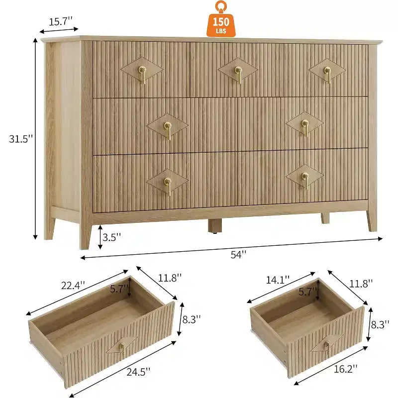 Comò per camera da letto con 7 cassetti, comò moderno largo 137 cm con maniglie in metallo, porta TV, cassettiera in legno per camera da letto