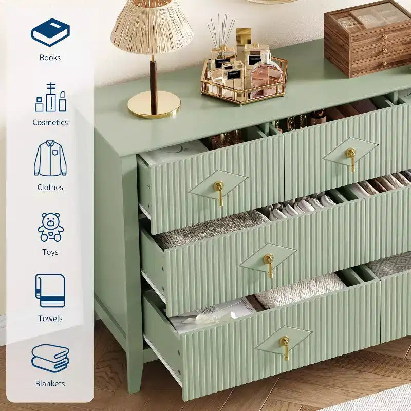 Comò per camera da letto con 7 cassetti, comò moderno largo 137 cm con maniglie in metallo, porta TV, cassettiera in legno per camera da letto