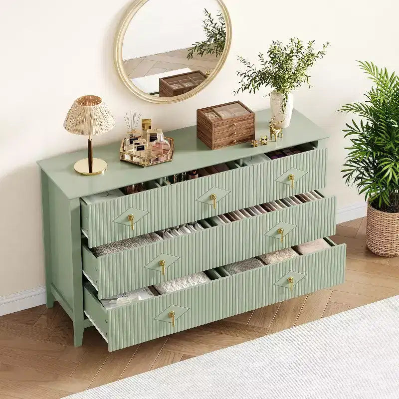 Comò per camera da letto con 7 cassetti, comò moderno largo 137 cm con maniglie in metallo, porta TV, cassettiera in legno per camera da letto