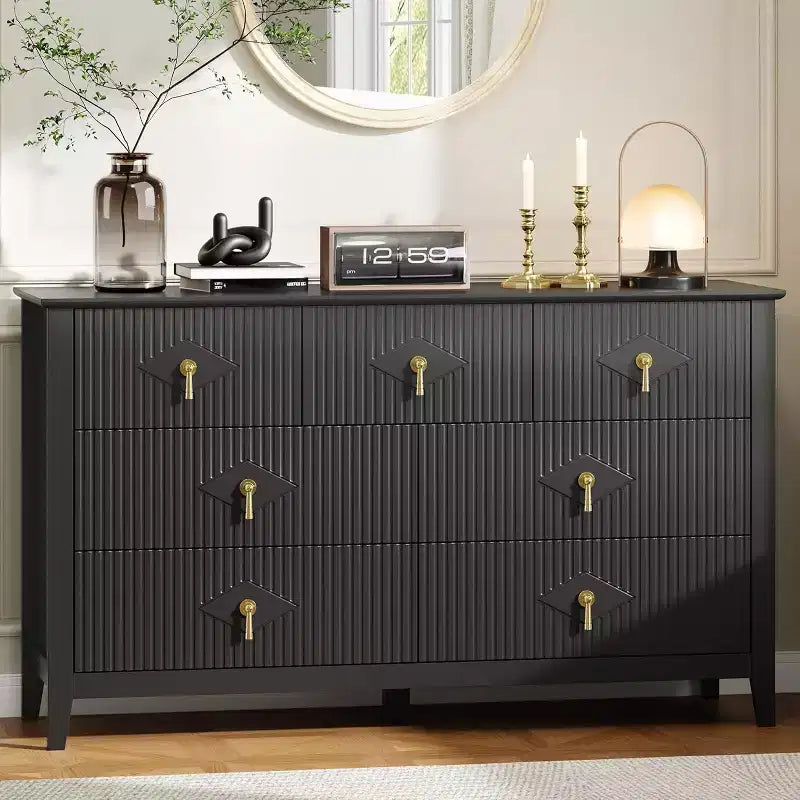 Comò per camera da letto con 7 cassetti, comò moderno largo 137 cm con maniglie in metallo, porta TV, cassettiera in legno per camera da letto