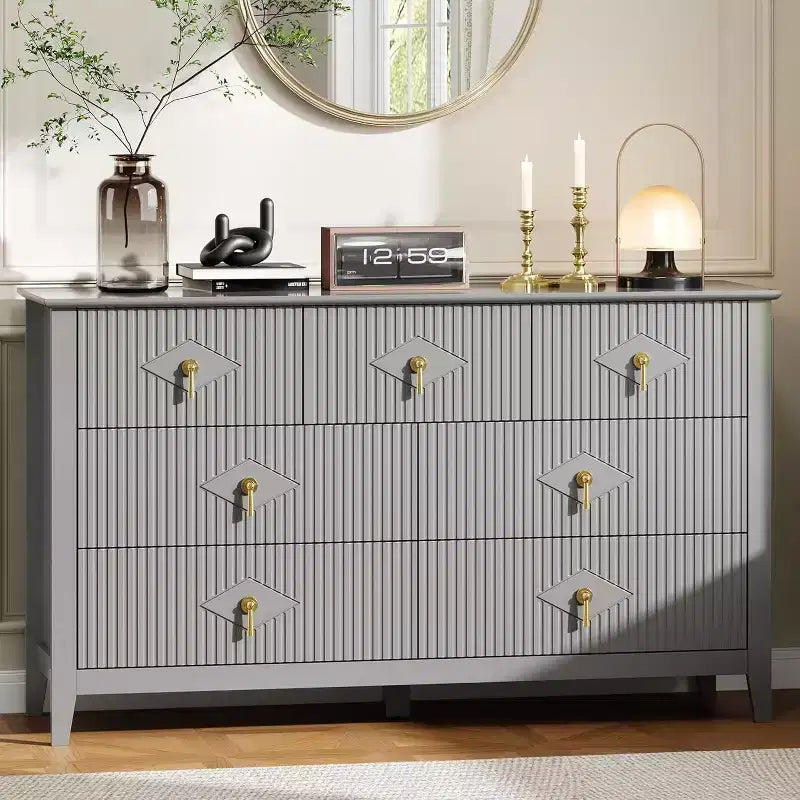 Comò per camera da letto con 7 cassetti, comò moderno largo 137 cm con maniglie in metallo, porta TV, cassettiera in legno per camera da letto