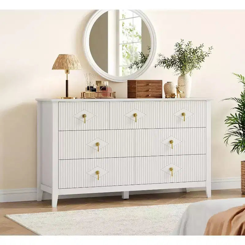 Comò per camera da letto con 7 cassetti, comò moderno largo 137 cm con maniglie in metallo, porta TV, cassettiera in legno per camera da letto
