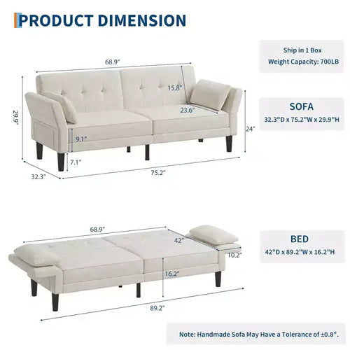 Divano letto futon convertibile da 226.1 cm con schienale e braccioli regolabili