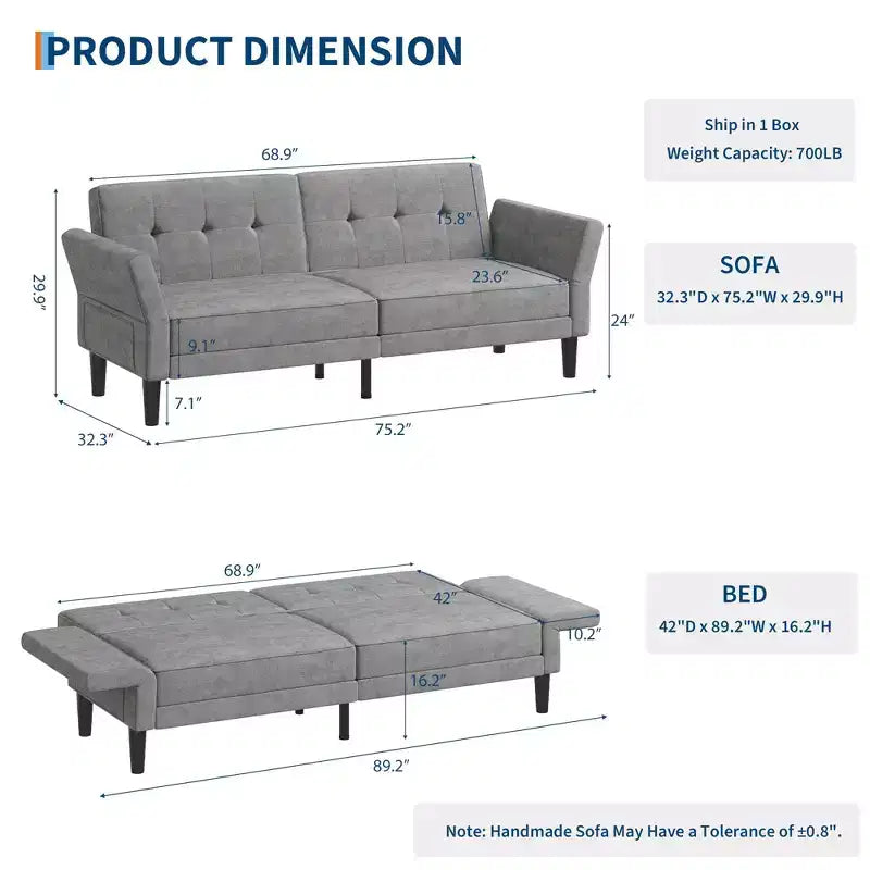 89 Futon divano letto, divano letto convertibile con schienale e braccioli regolabili, divano letto moderno a due posti per soggiorno, camera da letto, appartamenti