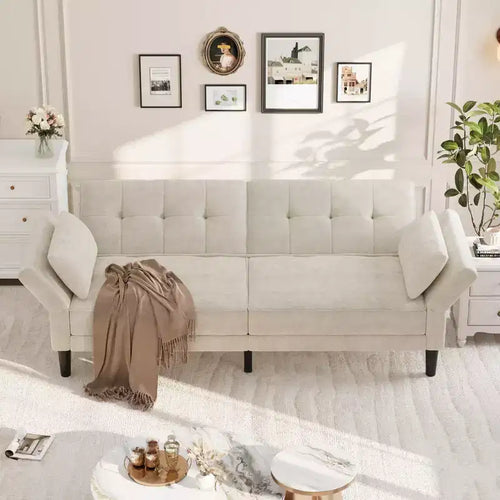 226.1 cm Convertible Futon Sofa Bed with Adjustable Backrest and Armrests