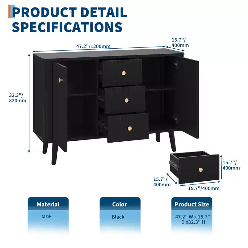 CuisinSmart 47 buffet avec tiroirs, meuble de rangement cannelé avec 2 portes et 3 tiroirs, crédence moderne pour entrée et salon