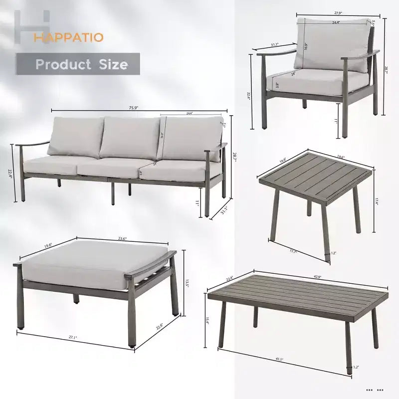HAPPATIO Set Conversazione da Esterno in Alluminio 7 Pezzi Include 1 Divano a Tre Posti, 1 Tavolino da Caffè, 1 Tavolino Laterale, 2 Poltrone e 2 Pouf