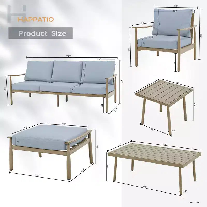 HAPPATIO Set Conversazione da Esterno in Alluminio 7 Pezzi Include 1 Divano a Tre Posti, 1 Tavolino da Caffè, 1 Tavolino Laterale, 2 Poltrone e 2 Pouf