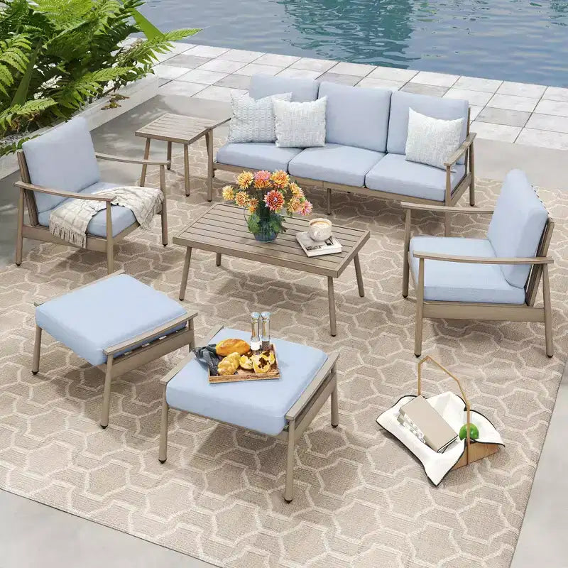 HAPPATIO Set Conversazione da Esterno in Alluminio 7 Pezzi Include 1 Divano a Tre Posti, 1 Tavolino da Caffè, 1 Tavolino Laterale, 2 Poltrone e 2 Pouf