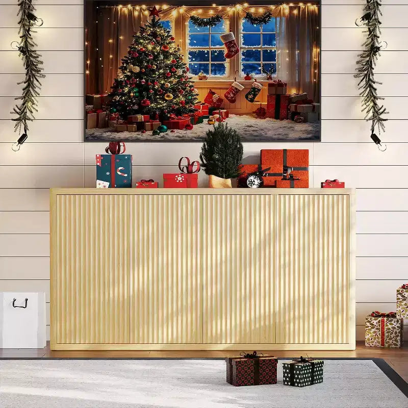 66.3 Credenza a buffet scanalata con contenitore, mobile credenza largo con 4 ante e ripiani regolabili, per cucina, ingresso, soggiorno
