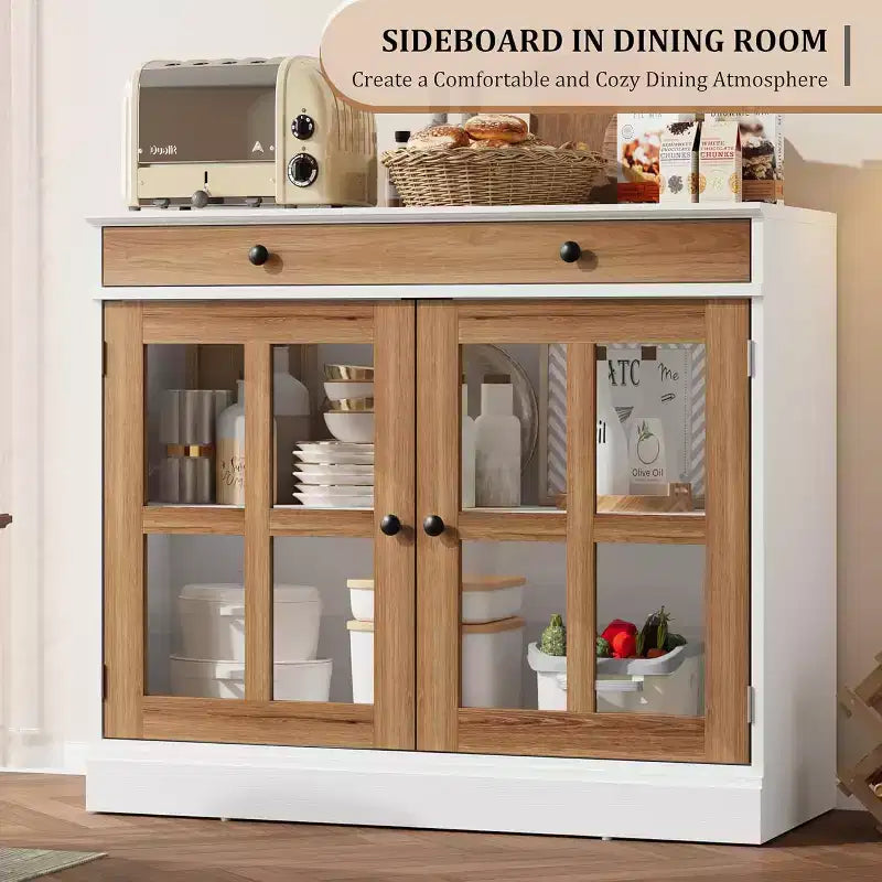35 buffets de vaisselle avec porte en verre et 2 tiroirs de rangement, armoire de rangement de cuisine, buffets et vaisseliers modernes pour salle à manger, salon