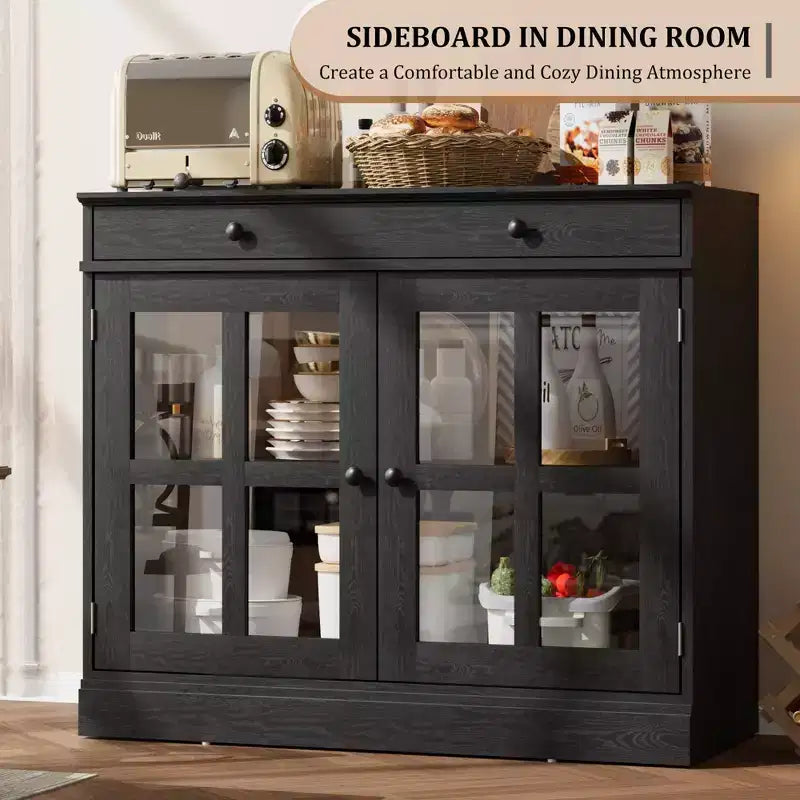35 buffets de vaisselle avec porte en verre et 2 tiroirs de rangement, armoire de rangement de cuisine, buffets et vaisseliers modernes pour salle à manger, salon