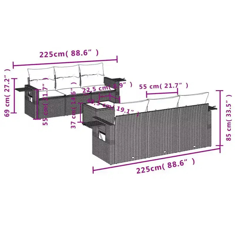 vidaXL Set Divani da Giardino 7 Pezzi con Cuscini in Polyrattan Nero