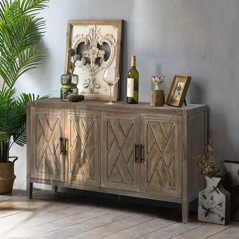 CuisinSmart Mobile Buffet 60'' con Credenza, Mobile Contenitore in Legno Vintage con 4 Ante e Ripiano Regolabile, Mobile Accento per Soggiorno