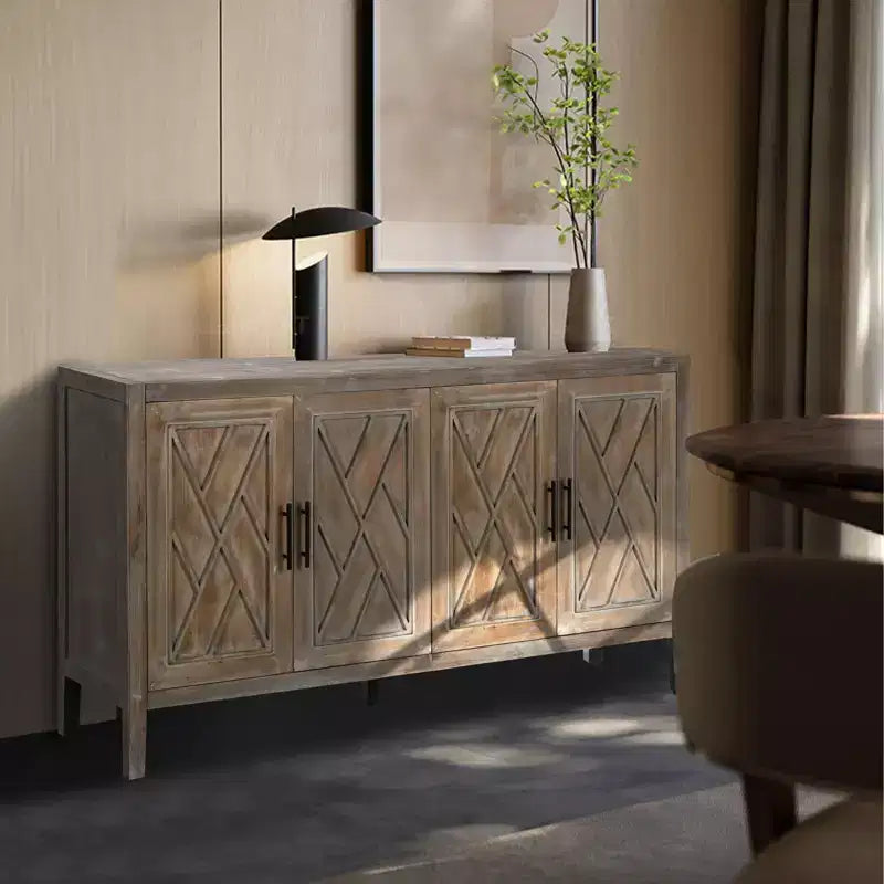 CuisinSmart Mobile Buffet 60'' con Credenza, Mobile Contenitore in Legno Vintage con 4 Ante e Ripiano Regolabile, Mobile Accento per Soggiorno