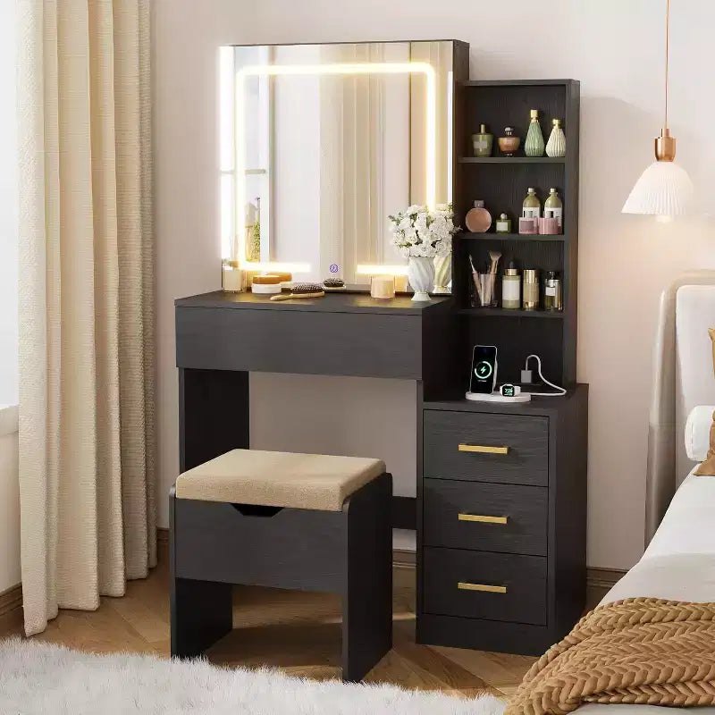 Toeletta con specchio scorrevole, Tavolo da trucco con luci regolabili a 3 colori, Sgabello, 4 cassetti compatti, Presa di corrente, Nero
