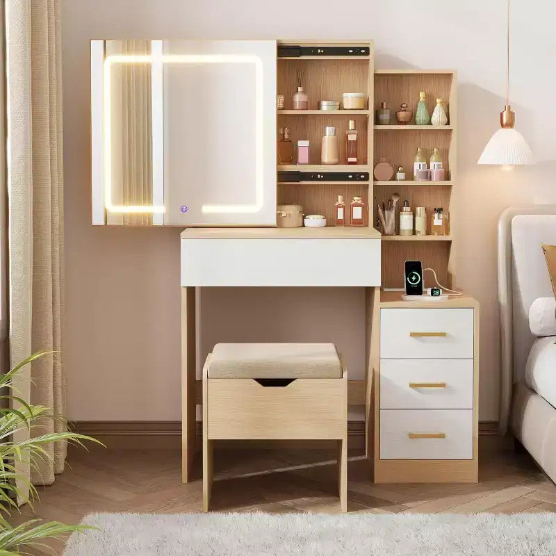 Toeletta con specchio scorrevole, Tavolo da trucco con luci regolabili a 3 colori, Sgabello, 4 cassetti compatti, Presa di corrente, Nero