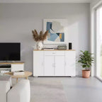 Mobile Credenza Modern Farmhouse FurnitureR, Tavolino da Caffè in Legno con Cassetto e Ripiani, Armadietto Contenitore con Ante a Stalla da 43,3 Pollici
