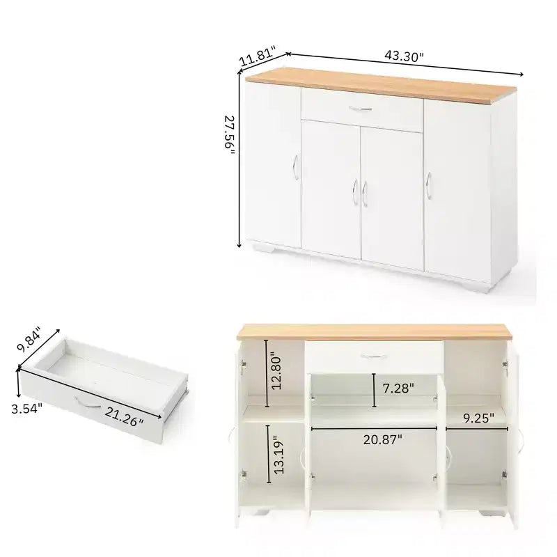 Mobile Credenza Modern Farmhouse FurnitureR, Tavolino da Caffè in Legno con Cassetto e Ripiani, Armadietto Contenitore con Ante a Stalla da 43,3 Pollici