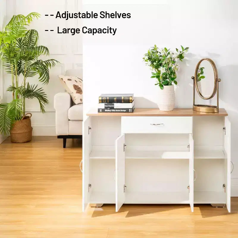 Mobile Credenza Modern Farmhouse FurnitureR, Tavolino da Caffè in Legno con Cassetto e Ripiani, Armadietto Contenitore con Ante a Stalla da 43,3 Pollici
