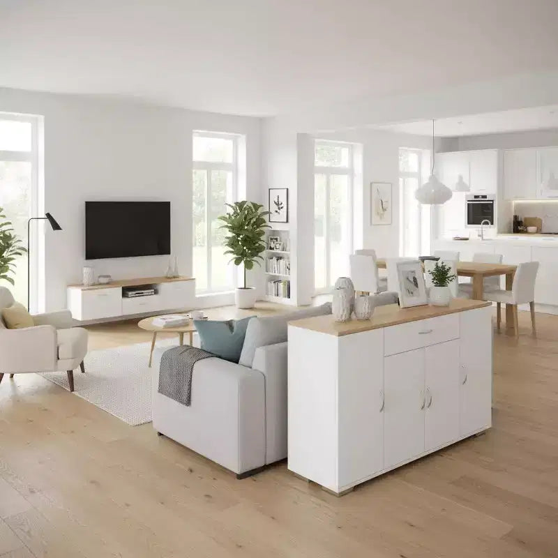 Mobile Credenza Modern Farmhouse FurnitureR, Tavolino da Caffè in Legno con Cassetto e Ripiani, Armadietto Contenitore con Ante a Stalla da 43,3 Pollici