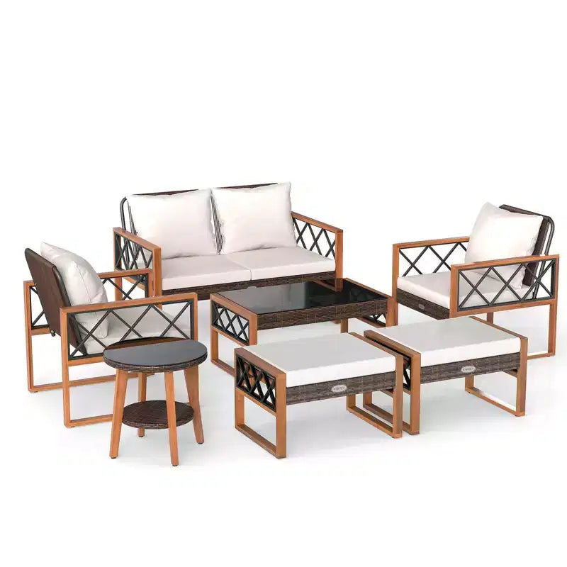 Costway Set di Mobili da Giardino in 7 Pezzi in Rattan PE con Pouf Cuscini e Tavoli Sedia Divano