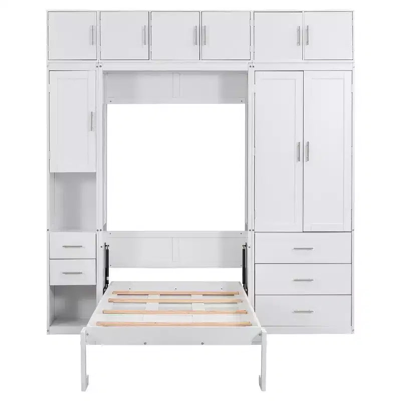 Letto a scomparsa Murphy con armadietti e armadi portaoggetti, ripiani, letto a piattaforma a parete pieghevole in legno con contenitore, bianco