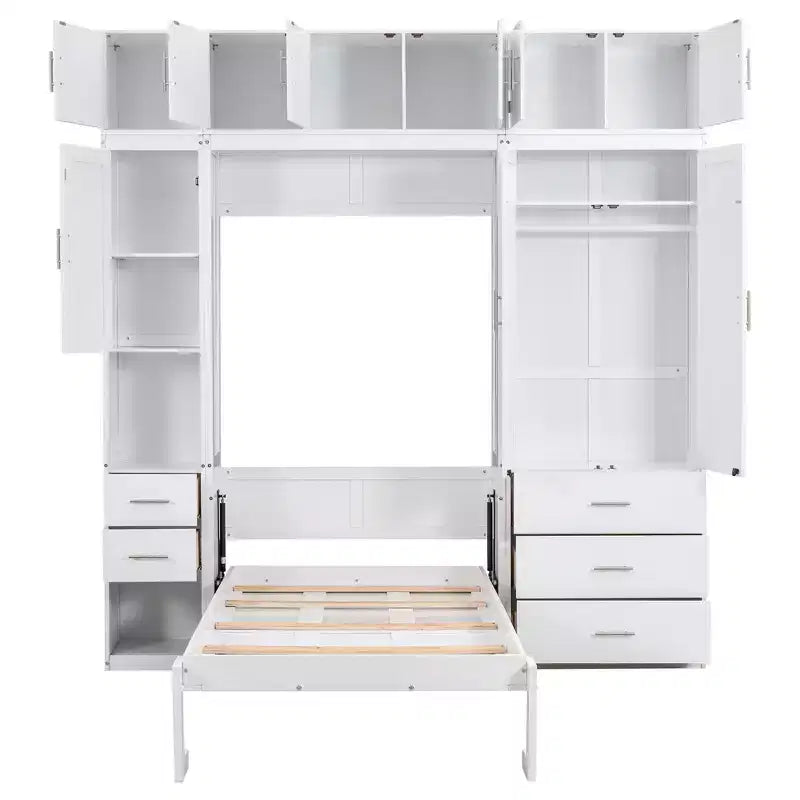 Letto a scomparsa Murphy con armadietti e armadi portaoggetti, ripiani, letto a piattaforma a parete pieghevole in legno con contenitore, bianco