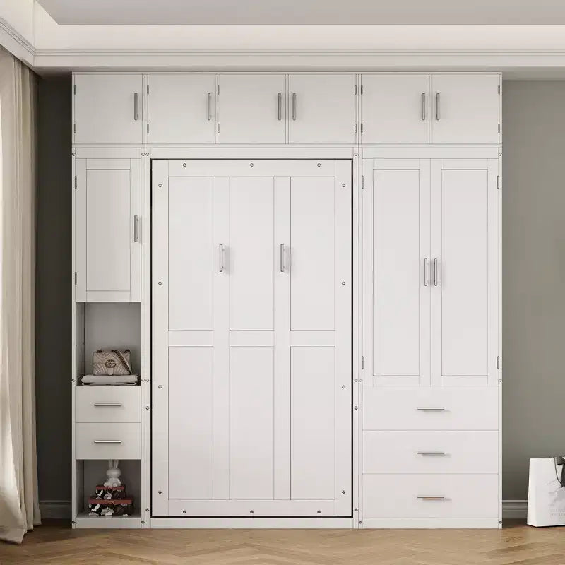 Letto a scomparsa Murphy con armadietti e armadi portaoggetti, ripiani, letto a piattaforma a parete pieghevole in legno con contenitore, bianco
