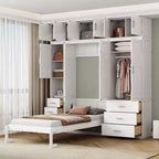 Letto a scomparsa Murphy con armadietti e armadi portaoggetti, ripiani, letto a piattaforma a parete pieghevole in legno con contenitore, bianco