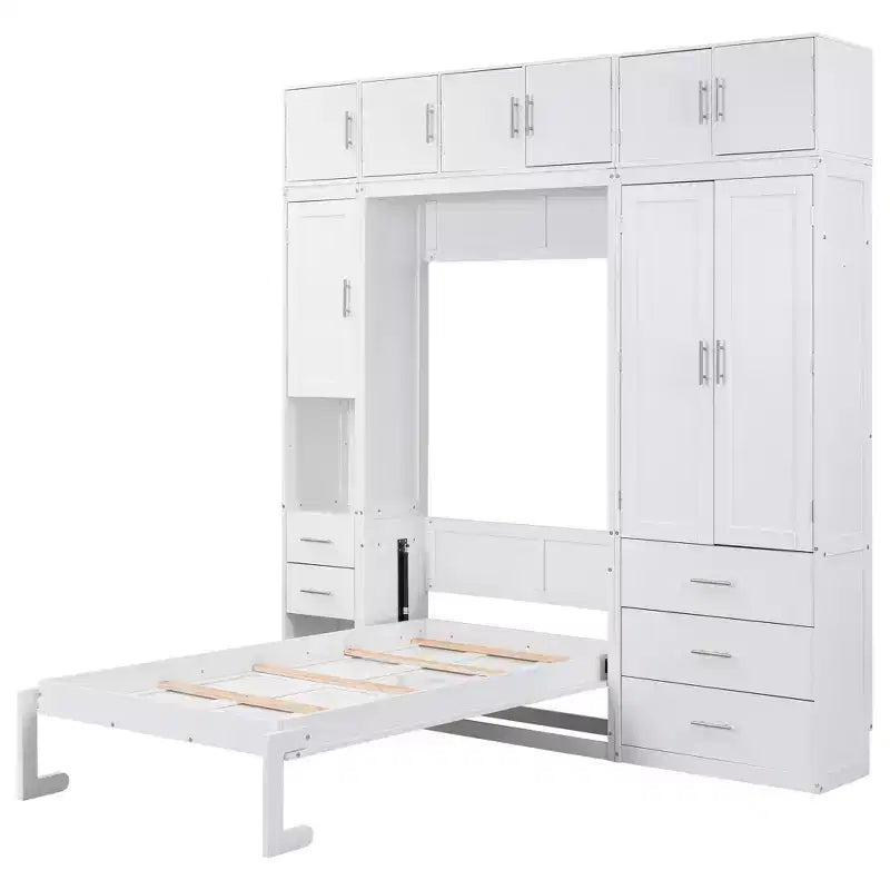 Letto a scomparsa Murphy con armadietti e armadi portaoggetti, ripiani, letto a piattaforma a parete pieghevole in legno con contenitore, bianco