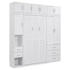 Letto a scomparsa Murphy con armadietti e armadi portaoggetti, ripiani, letto a piattaforma a parete pieghevole in legno con contenitore, bianco