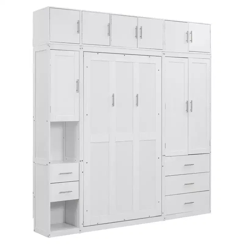 Letto a scomparsa Murphy con armadietti e armadi portaoggetti, ripiani, letto a piattaforma a parete pieghevole in legno con contenitore, bianco