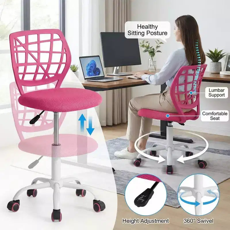 Sedia da scrivania, Sedia da ufficio regolabile per computer con schienale in plastica e sedile imbottito, Sedia girevole con ruote, Rosa