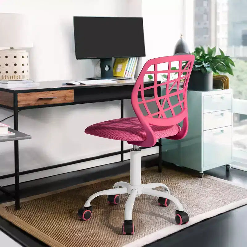 Sedia da scrivania, Sedia da ufficio regolabile per computer con schienale in plastica e sedile imbottito, Sedia girevole con ruote, Rosa