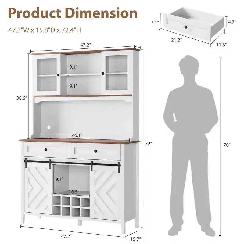 Mobile dispensa da cucina alto 183 cm, Credenza indipendente con ante scorrevoli a fienile e 2 cassetti, Mobile bar in legno per soggiorno e cucina