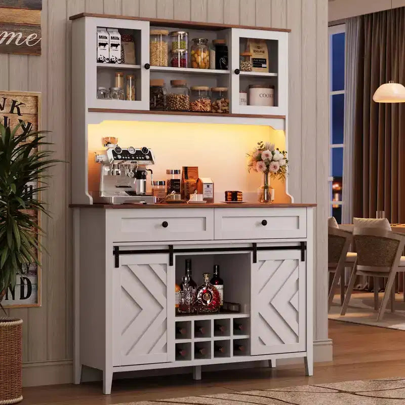Mobile dispensa da cucina alto 183 cm, Credenza indipendente con ante scorrevoli a fienile e 2 cassetti, Mobile bar in legno per soggiorno e cucina