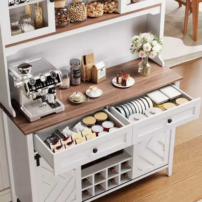 Mobile dispensa da cucina alto 183 cm, Credenza indipendente con ante scorrevoli a fienile e 2 cassetti, Mobile bar in legno per soggiorno e cucina