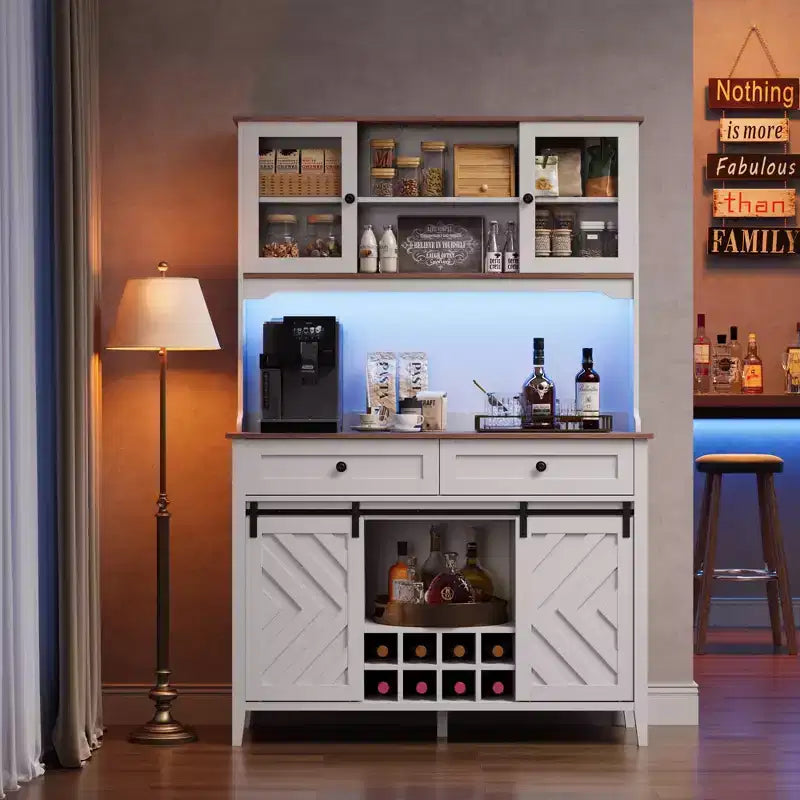 Mobile dispensa da cucina alto 183 cm, Credenza indipendente con ante scorrevoli a fienile e 2 cassetti, Mobile bar in legno per soggiorno e cucina
