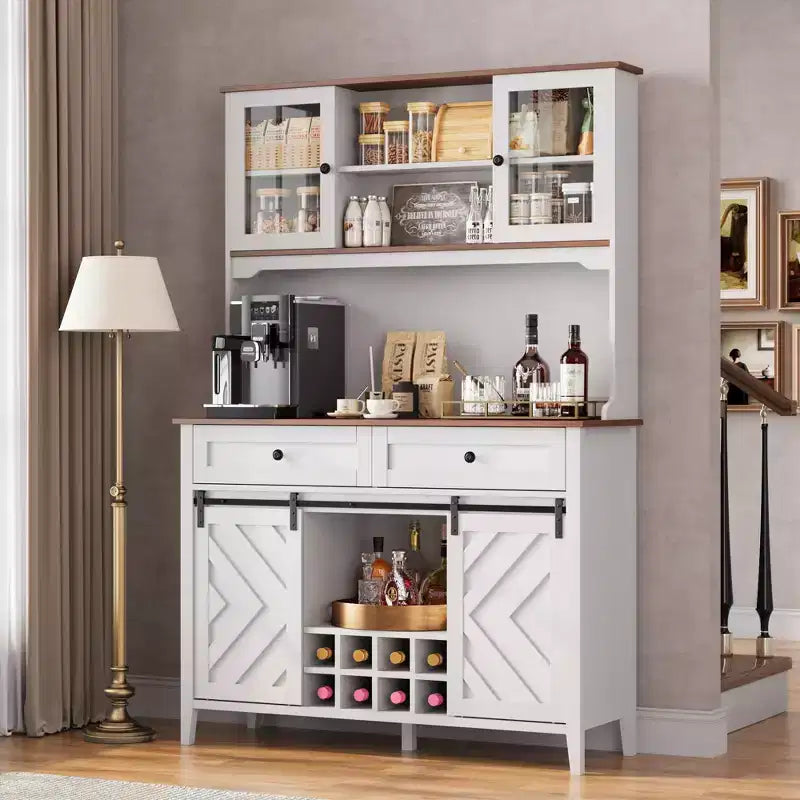 Mobile dispensa da cucina alto 183 cm, Credenza indipendente con ante scorrevoli a fienile e 2 cassetti, Mobile bar in legno per soggiorno e cucina