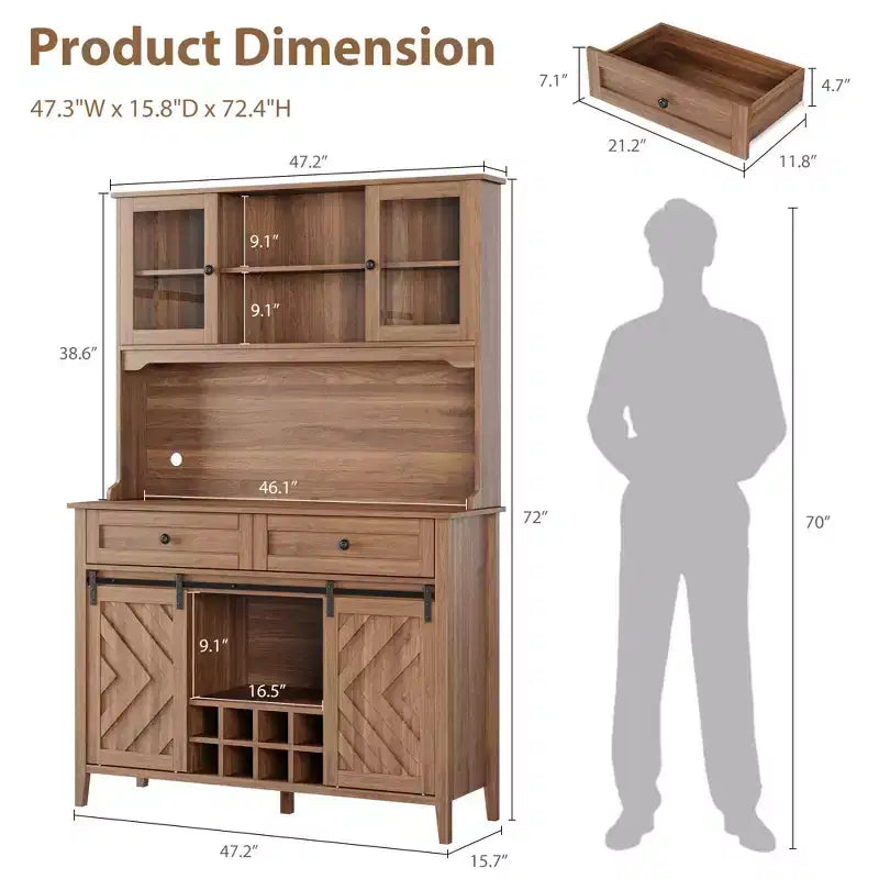 Mobile dispensa da cucina alto 183 cm, Credenza indipendente con ante scorrevoli a fienile e 2 cassetti, Mobile bar in legno per soggiorno e cucina